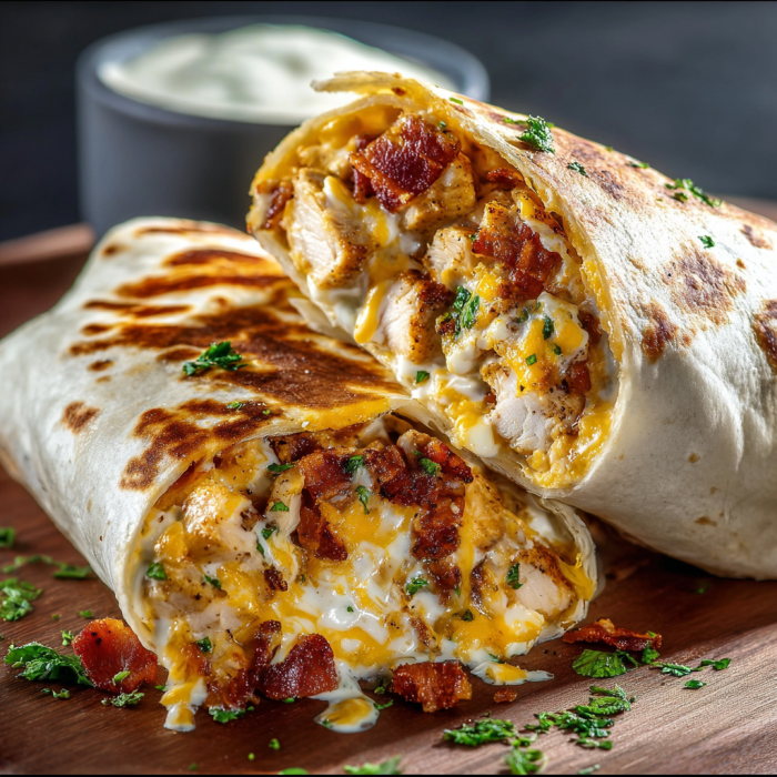 A delicious Bacon Ranch Chicken Wrap is served on a wooden table, with a side of ranch dressing in a bowl.