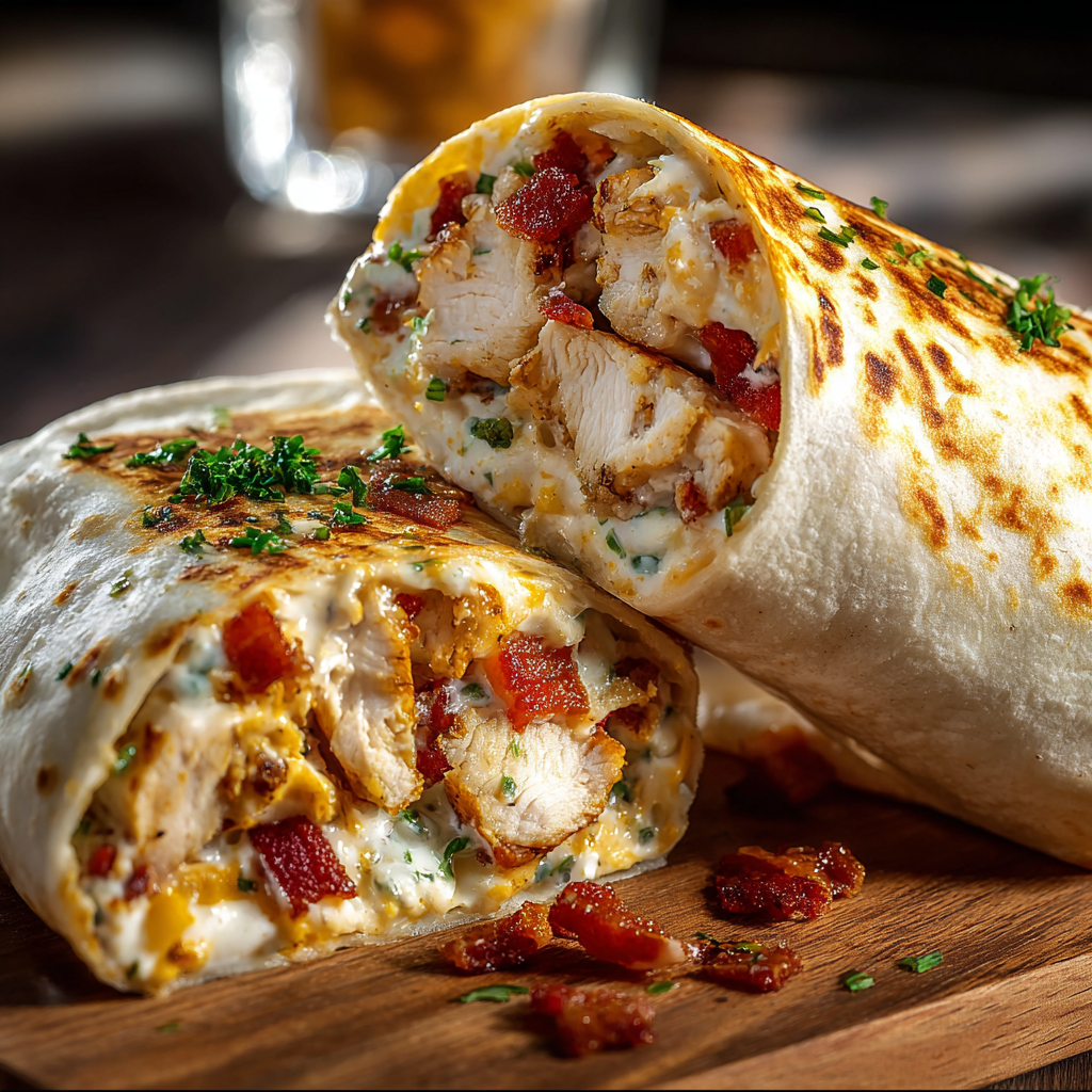 A chicken burrito is served on a wooden table.