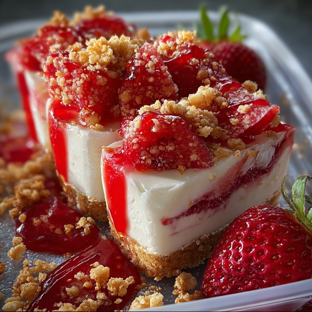 A slice of Strawberry Crunch Cheesecake Chunks is displayed on a plate.