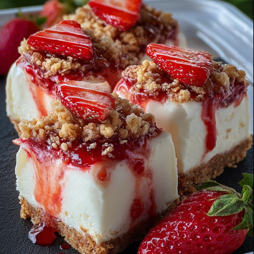 A slice of Strawberry Crunch Cheesecake Chunks with a strawberry on top.