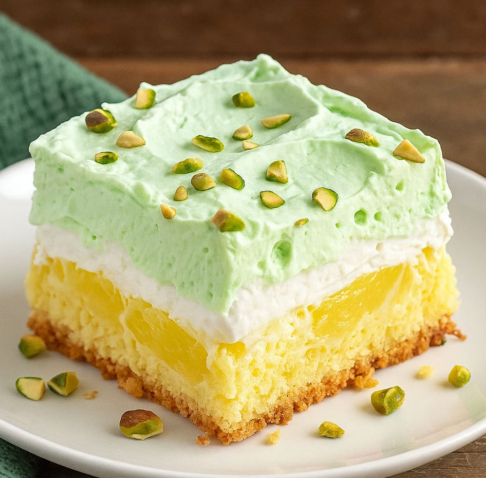 A slice of tropical pistachio bliss cake with green and yellow layers.