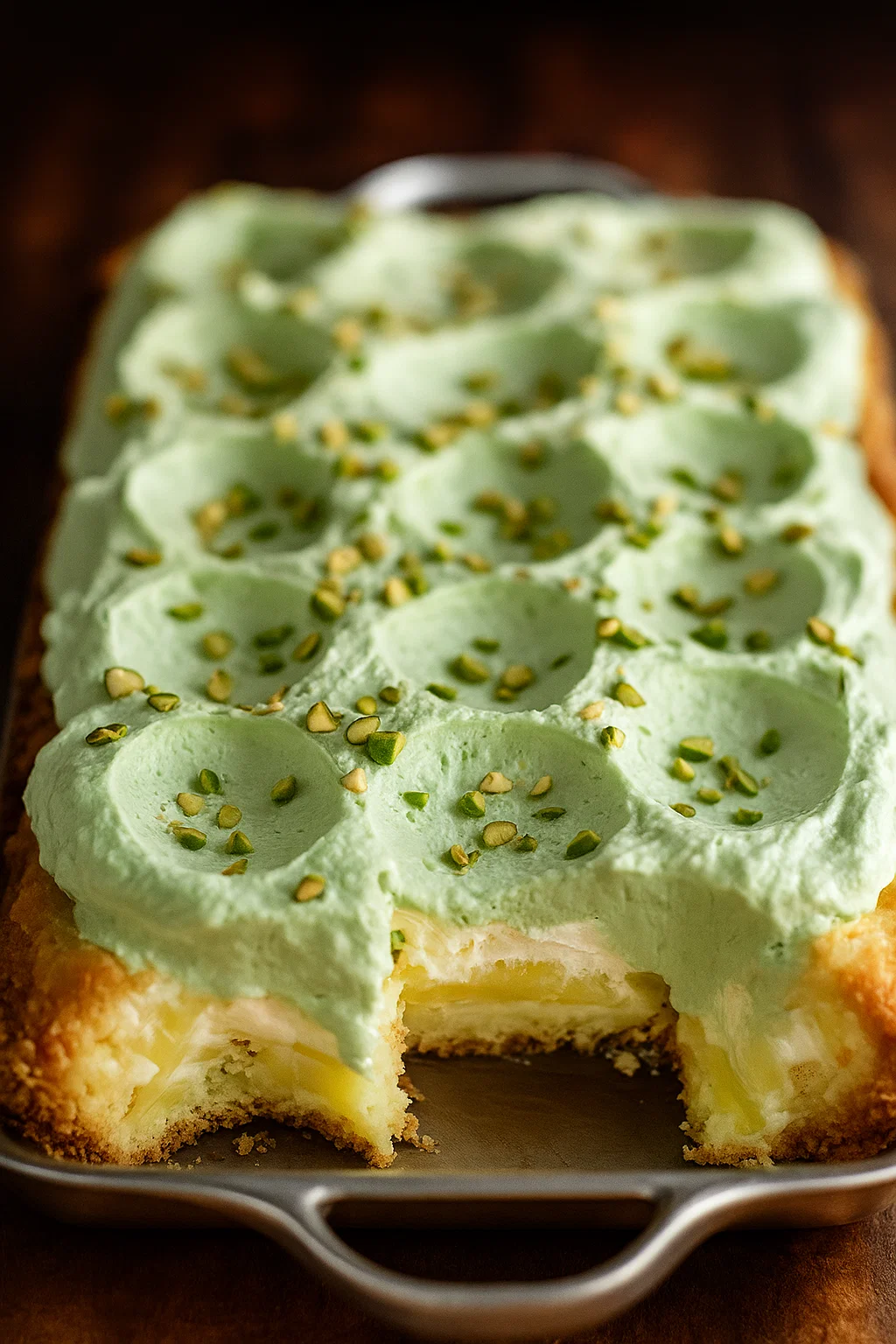 A slice of a green and white cake with pistachio nuts on top.