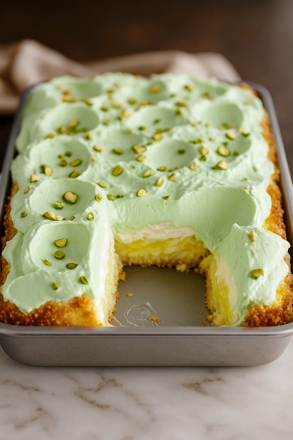 A slice of cake with a green frosting and pistachio nuts on top.