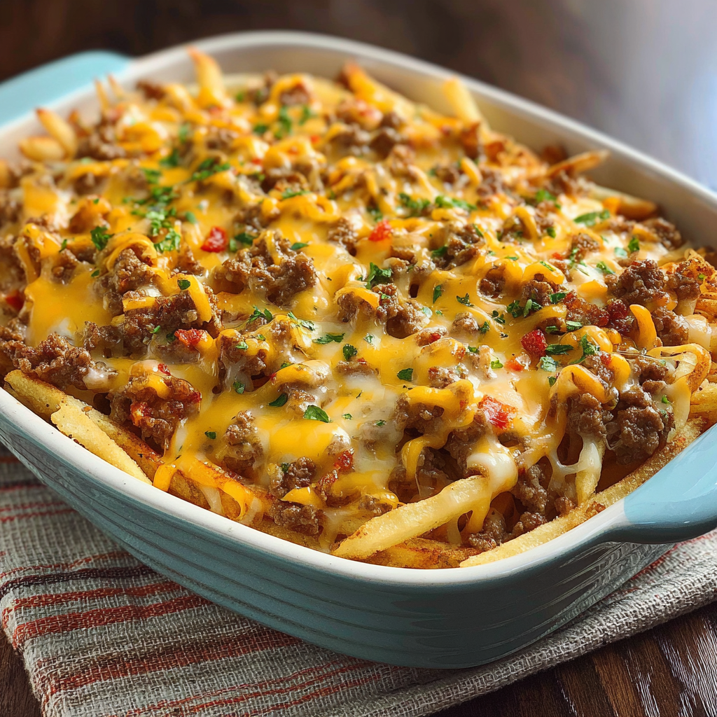 A delicious Cheeseburger French Fry Casserole is ready to be served.