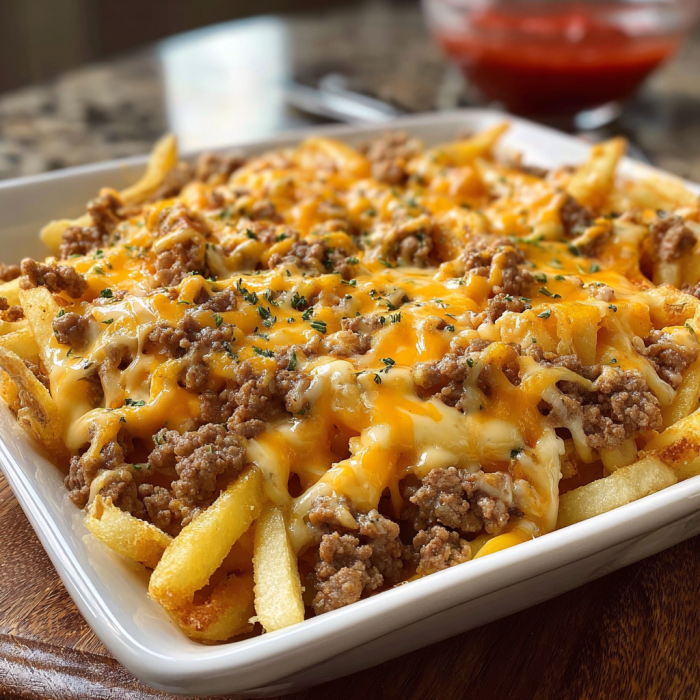 A delicious cheeseburger french fry casserole is served in a white bowl.