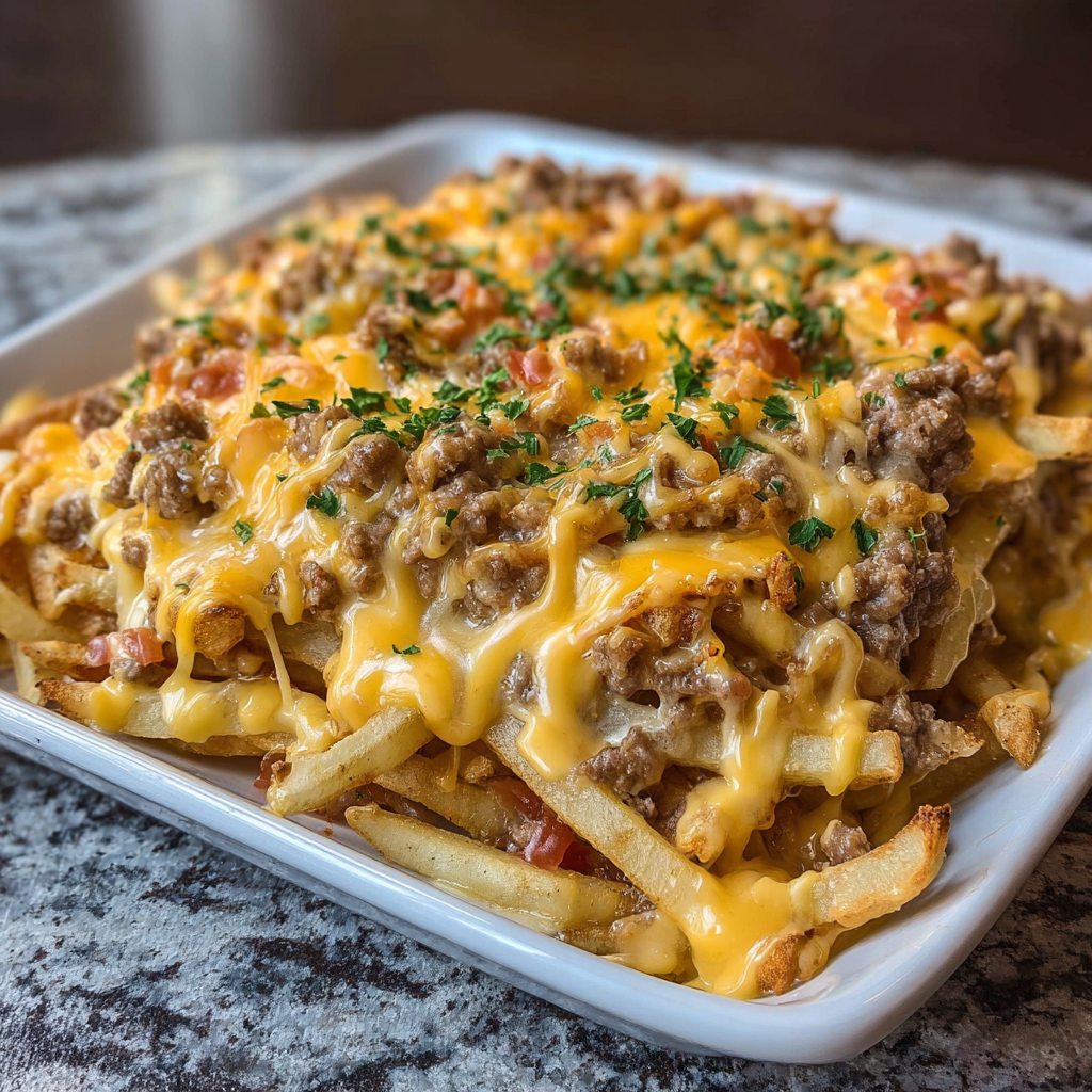 A delicious cheeseburger french fry casserole is served on a white plate.