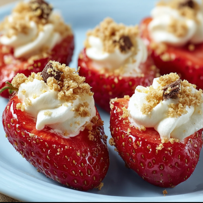 A plate of strawberries with whipped cream and crumbles, a delicious dessert recipe called Cheesecake Deviled Strawberries.