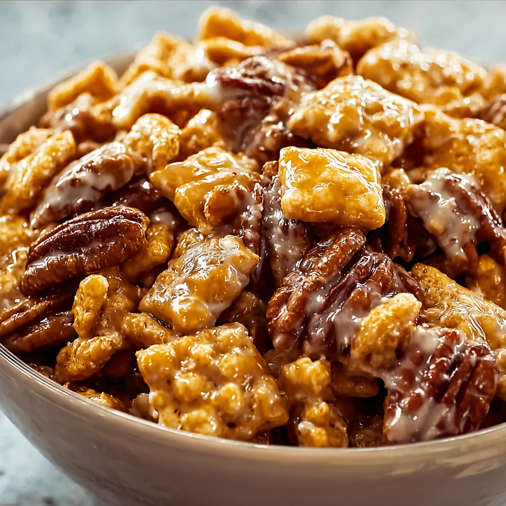 A bowl of Praline Crunch cereal with a drizzle of caramel sauce on top.