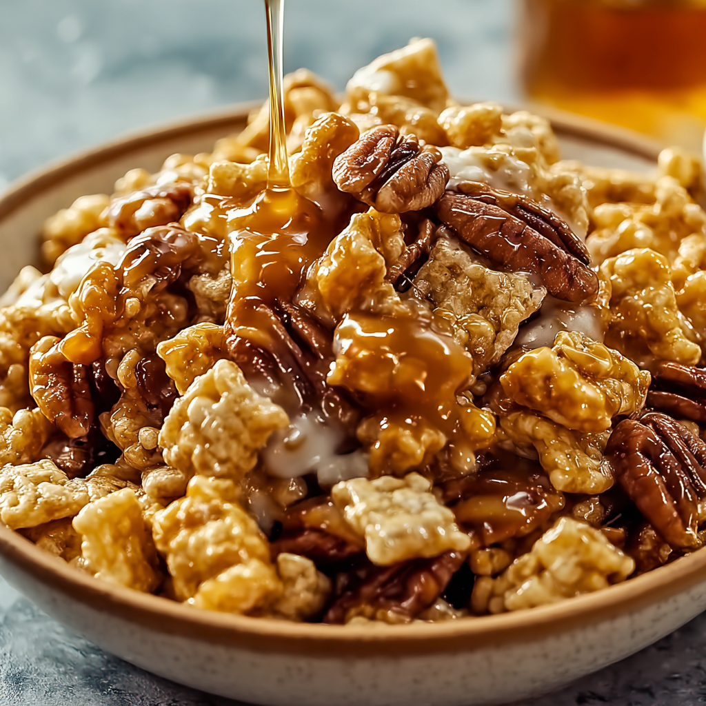 A bowl of Praline Crunch cereal with a drizzle of caramel sauce.
