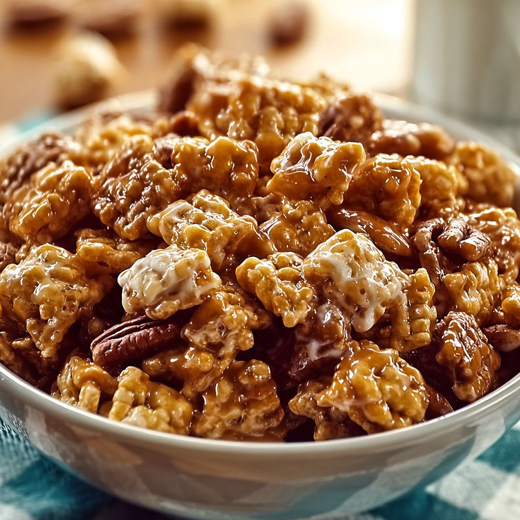 A bowl of Praline Crunch cereal with a white milk carton nearby.