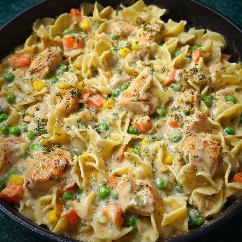 A delicious Chicken Pot Pie Pasta dish with a variety of ingredients, including chicken, pasta, peas, and carrots.