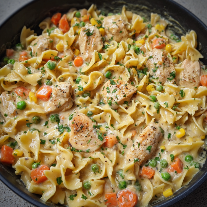 A bowl of pasta with chicken and vegetables, including carrots and peas.