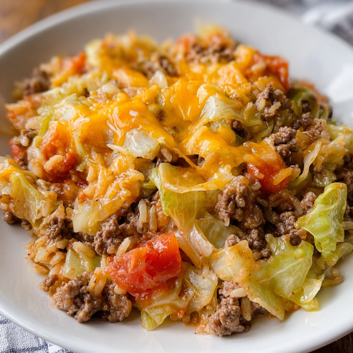 A delicious Cheesy Cabbage Beef Casserole is served on a white plate.