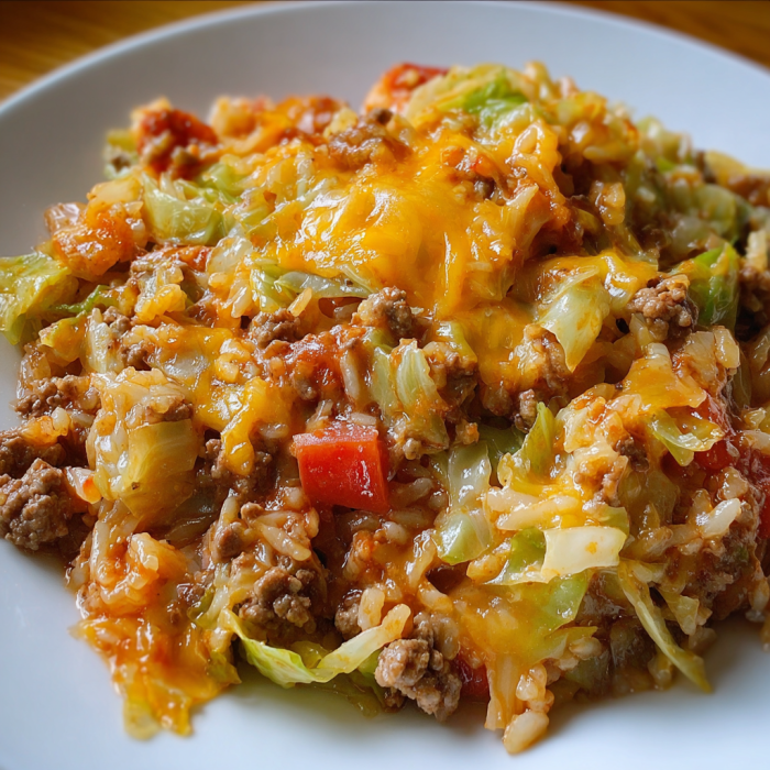A plate of food with a variety of ingredients, including meat, rice, and vegetables, is presented on a white plate. The dish appears to be a delicious and hearty meal, possibly a beef and vegetable stir fry or a similar recipe.