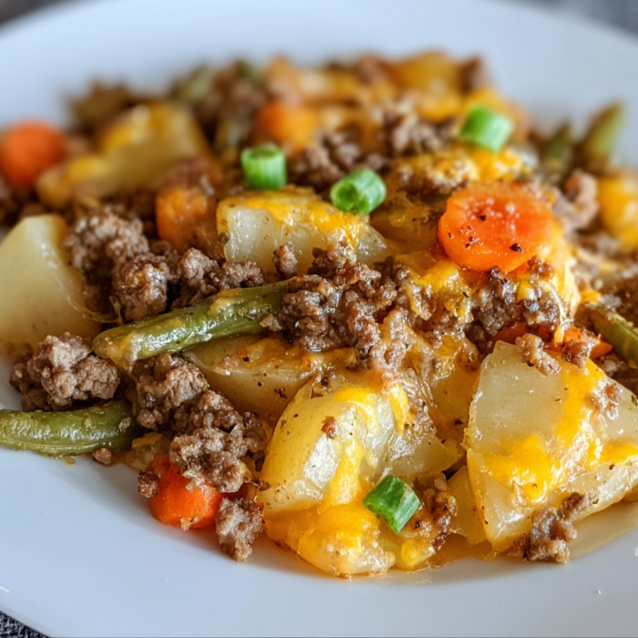 A plate of Easy Hobo Casserole, featuring a delicious mix of meat, potatoes, and vegetables.