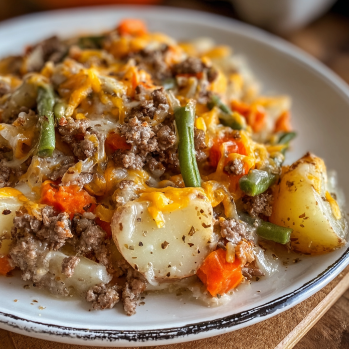 A plate of food with a variety of ingredients, including potatoes, carrots, and green beans, is served on a wooden table. The dish appears to be a delicious and nutritious meal, possibly a vegetable stir fry or a hearty stew.