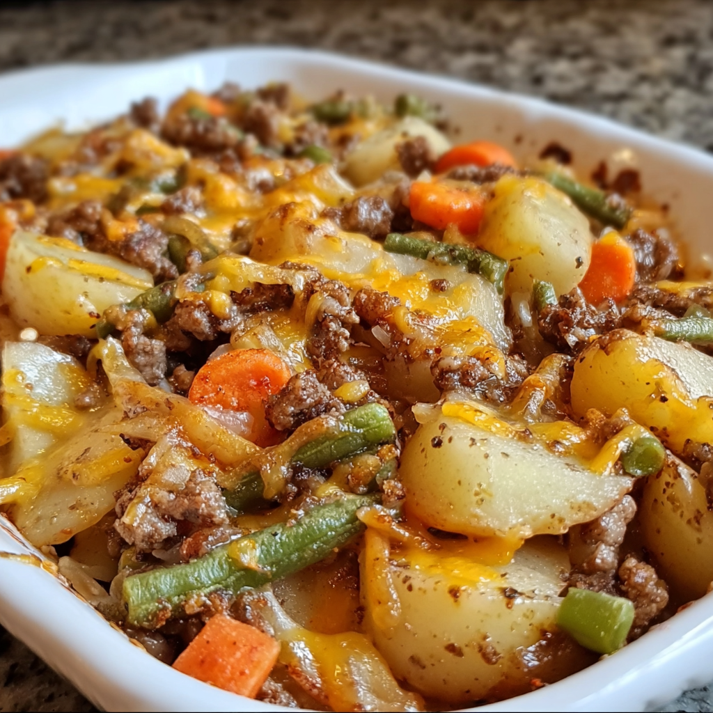 A white bowl filled with a delicious beef and vegetable dish, including potatoes, carrots, and green beans.