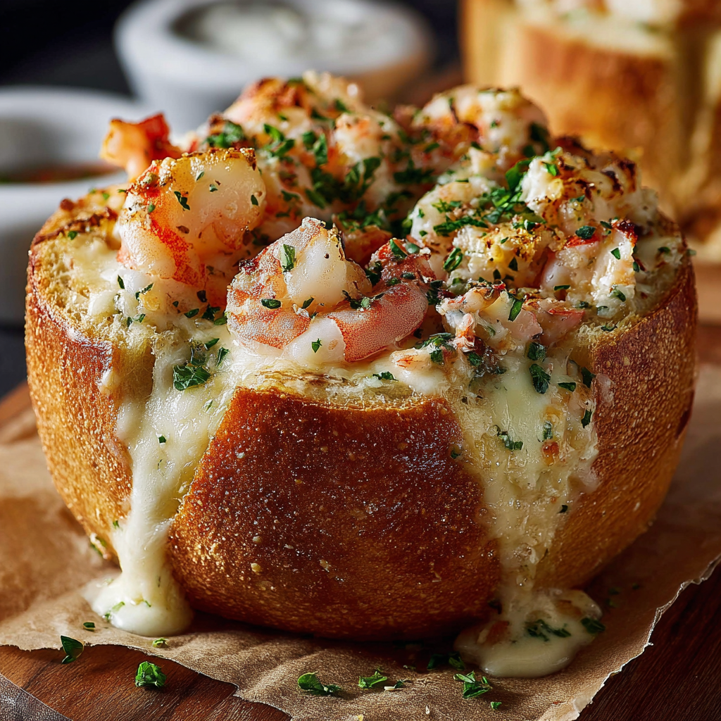 A bowl of shrimp and cheese, served in a bread bowl.