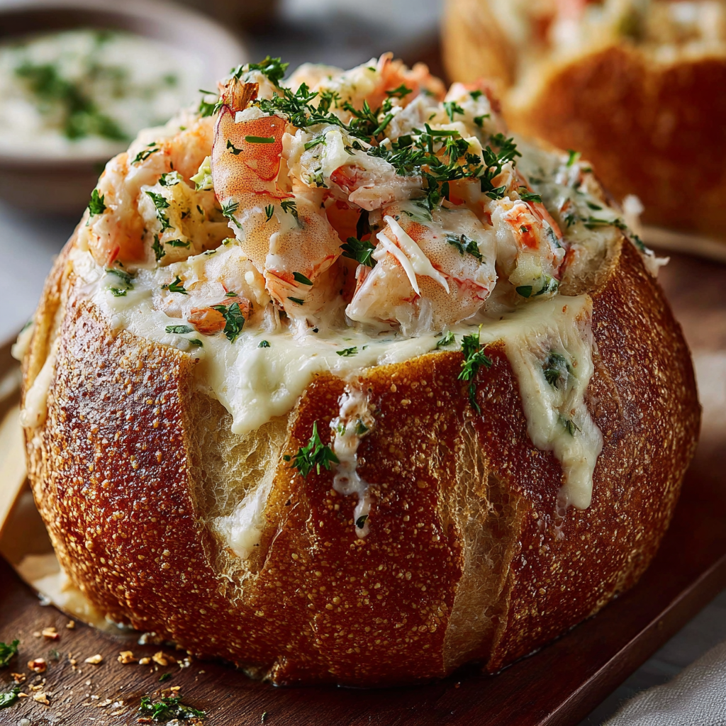 A bowl of shrimp and cheese sits on a wooden table, ready to be baked in a bread bowl.