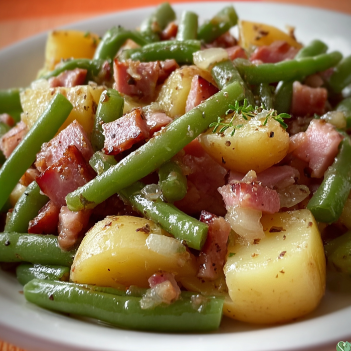 A plate of food with green beans, potatoes, and ham.