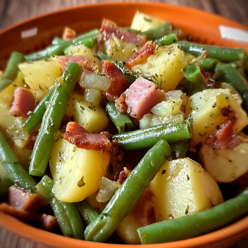 A bowl of food containing green beans, potatoes, and bacon.