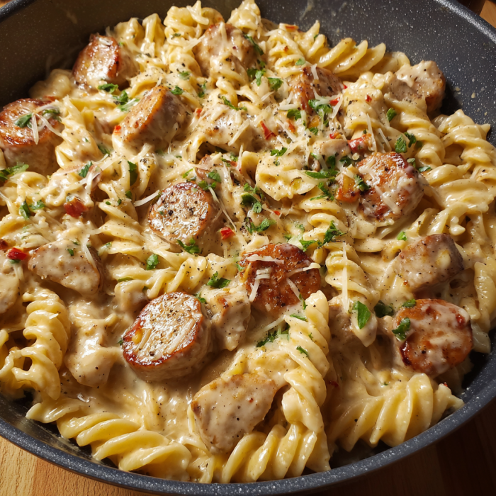 A delicious pasta dish with chicken and sausage, topped with a creamy pepper jack sauce.