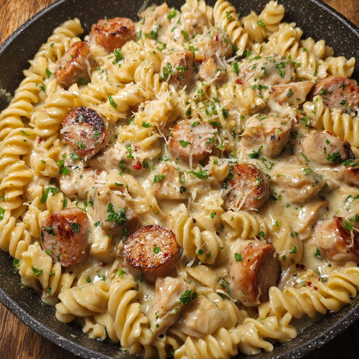 A delicious pasta dish with chicken, sausage, and cheese, served in a black pan.