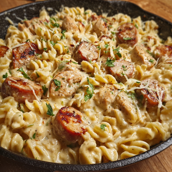 A delicious pasta dish with chicken, sausage, and cheese, served in a black skillet.