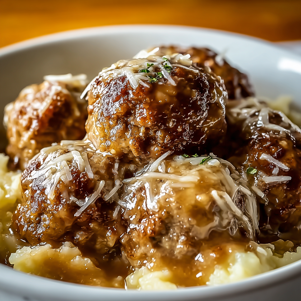 A bowl of pasta with meatballs and cheese on top.