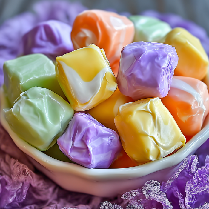 A bowl of homemade saltwater taffy rolls, including yellow, orange, and purple flavors.