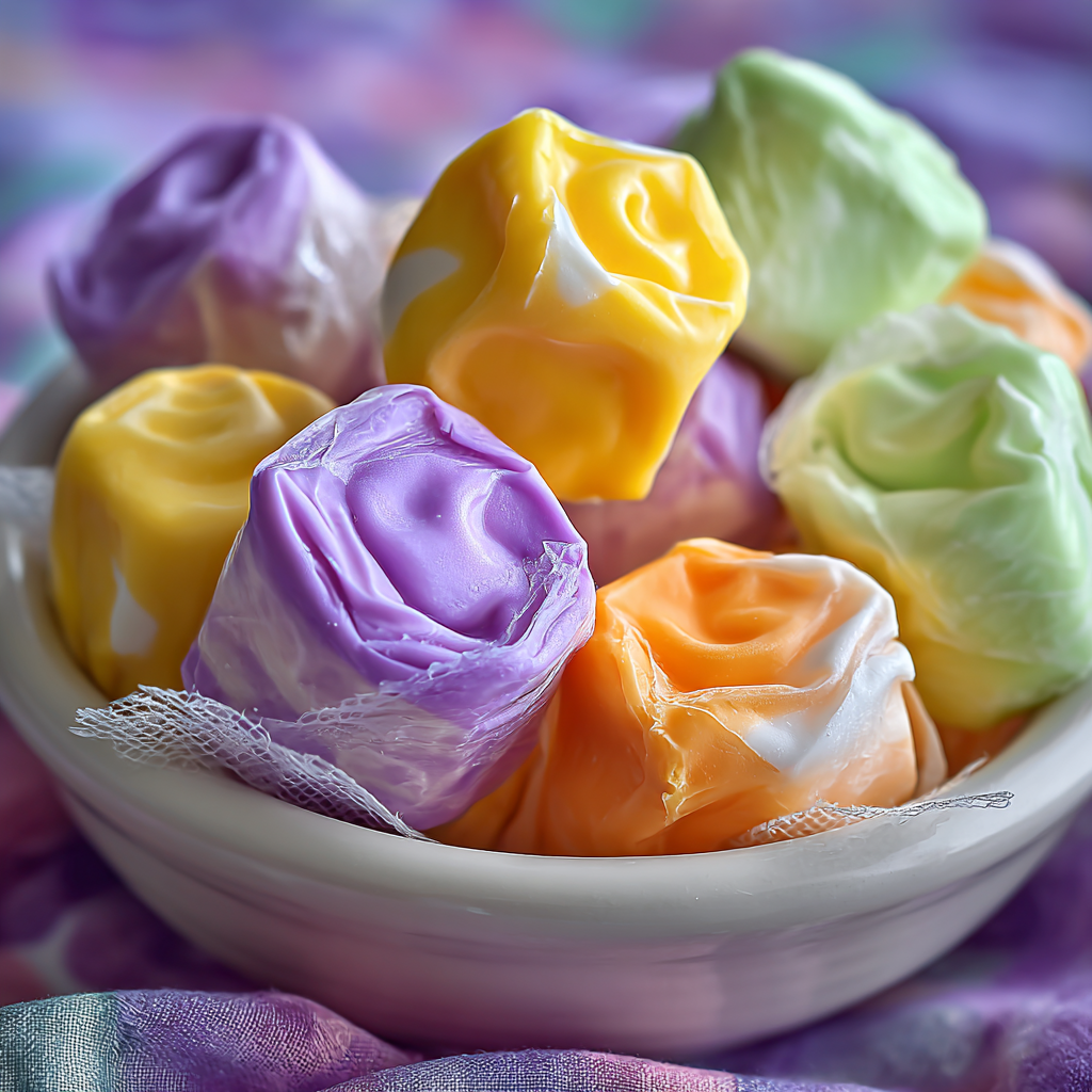 A bowl filled with homemade saltwater taffy rolls.