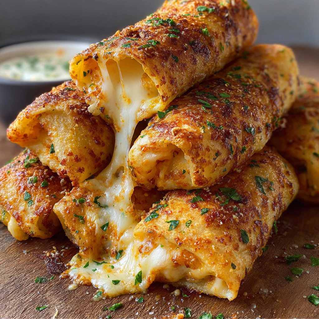A delicious cheesy garlic butter rollup is served on a wooden platter.