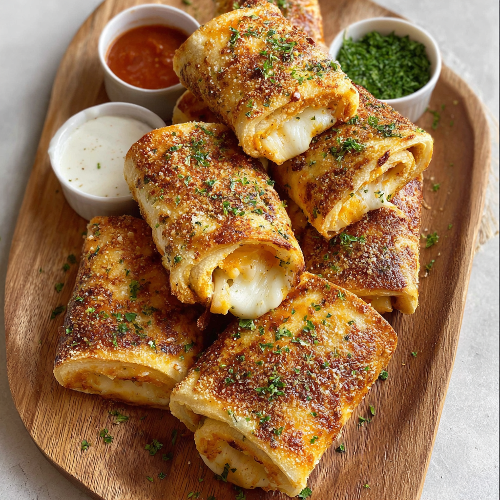A plate of calzones with marinara sauce and parsley.