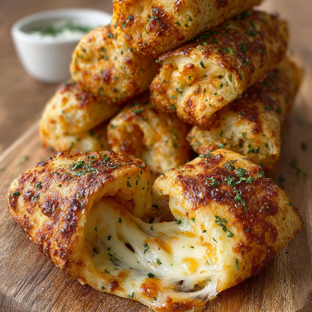 A stack of cheese sticks with a bowl of dipping sauce.