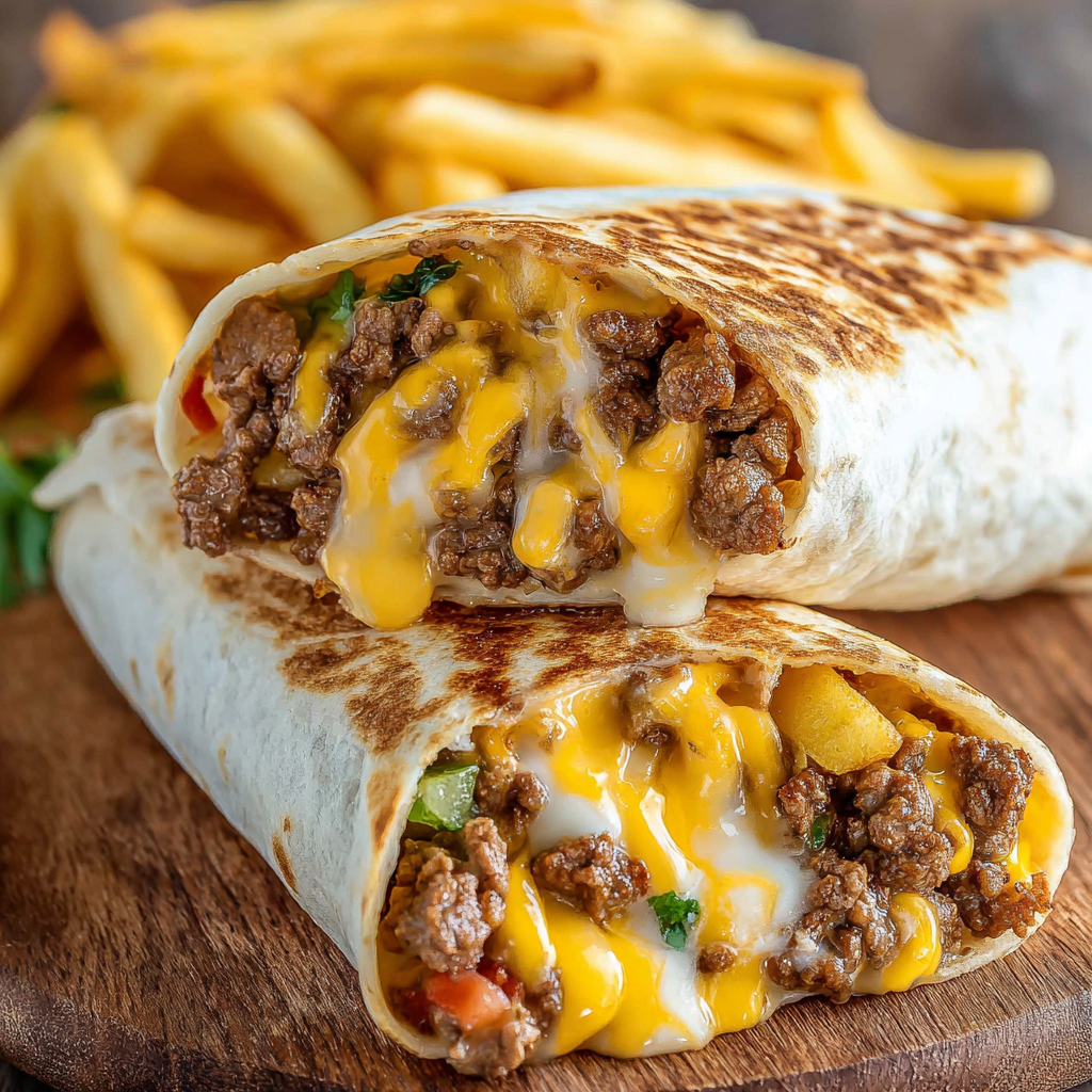 A delicious Beefy Cheesy Fries Burrito Wrap is served on a wooden table.