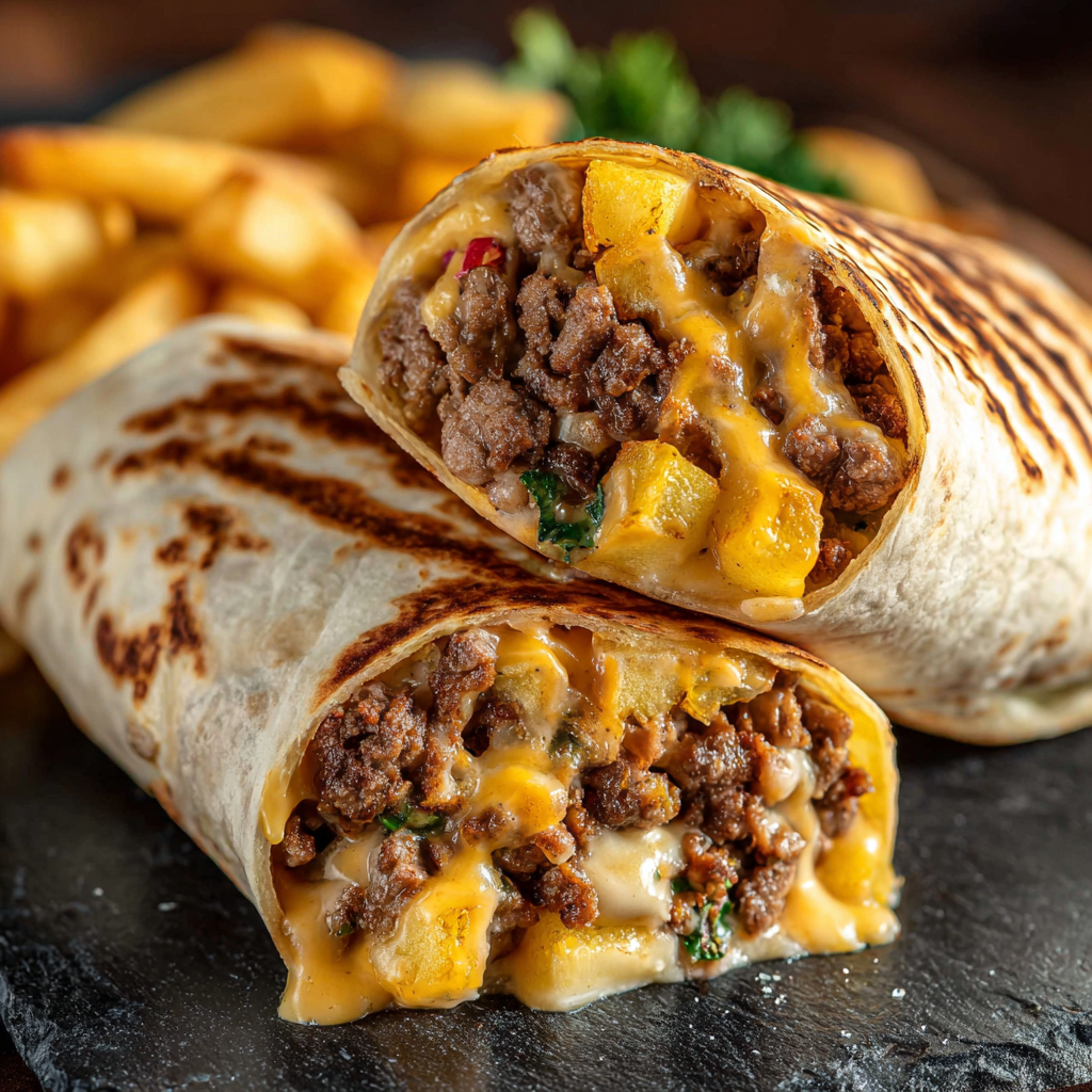 A delicious burrito filled with meat and cheese, served with a side of fries.