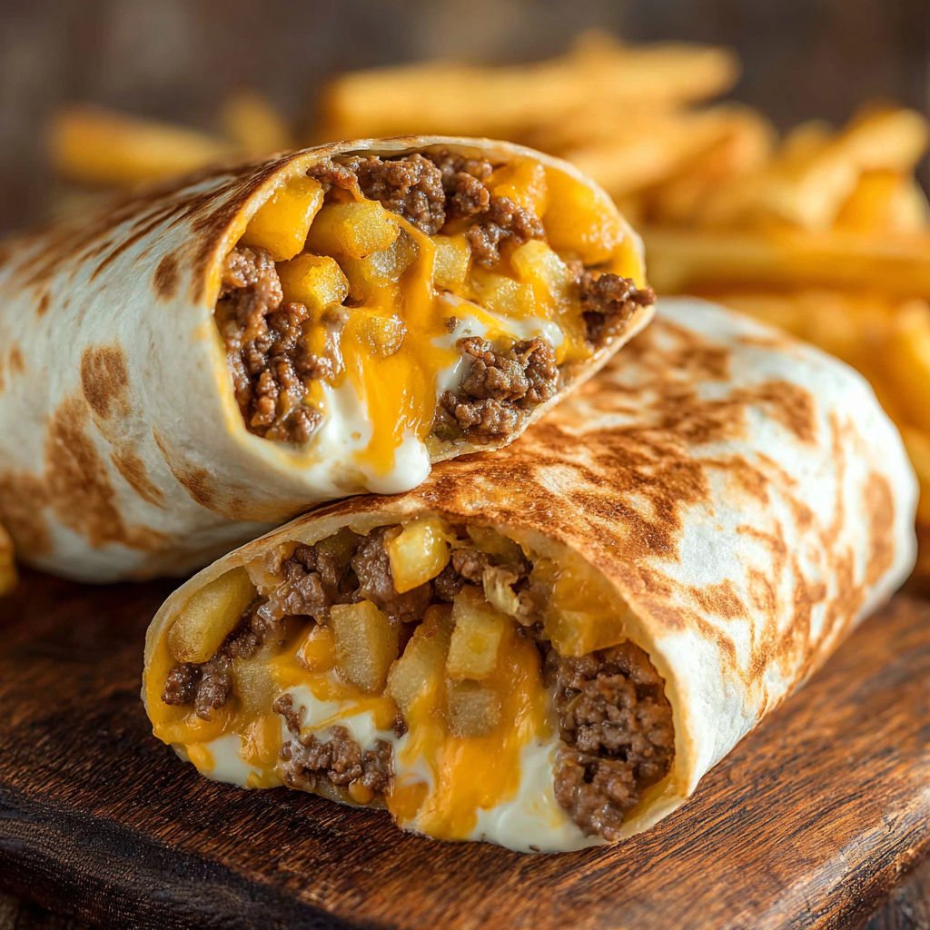 A delicious burrito filled with meat and cheese, accompanied by a side of french fries.
