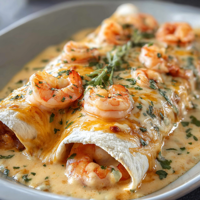 A delicious Shrimp Enchiladas Cream Sauce dish is served in a bowl, with shrimp and cheese filling the tortilla.