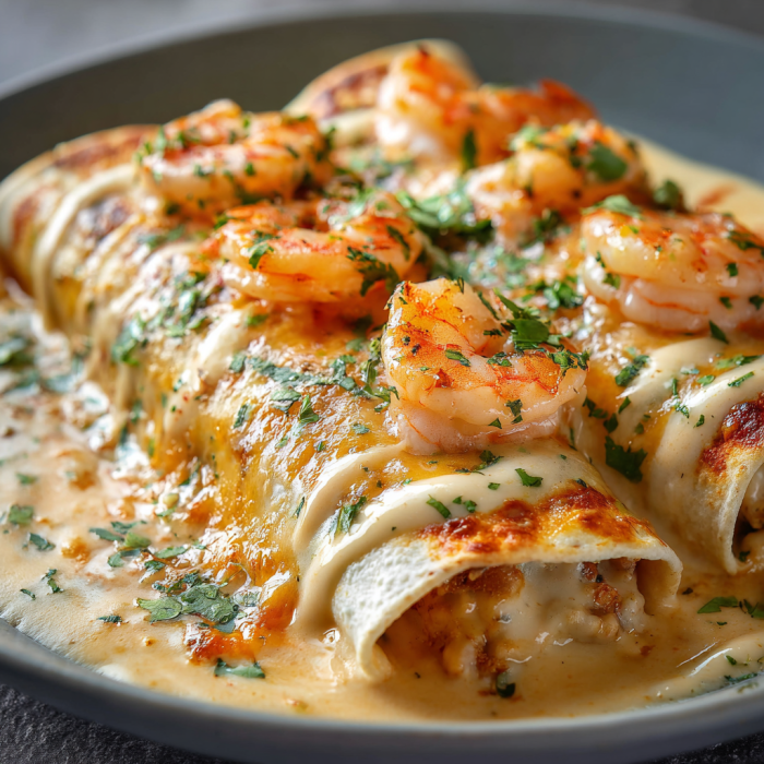 A delicious meal of shrimp and cheese enchiladas served on a plate.