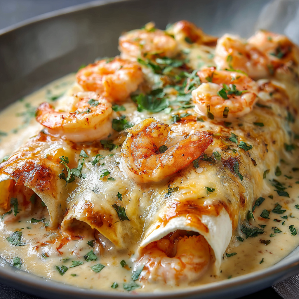 A delicious shrimp and cheese enchilada is served in a bowl.