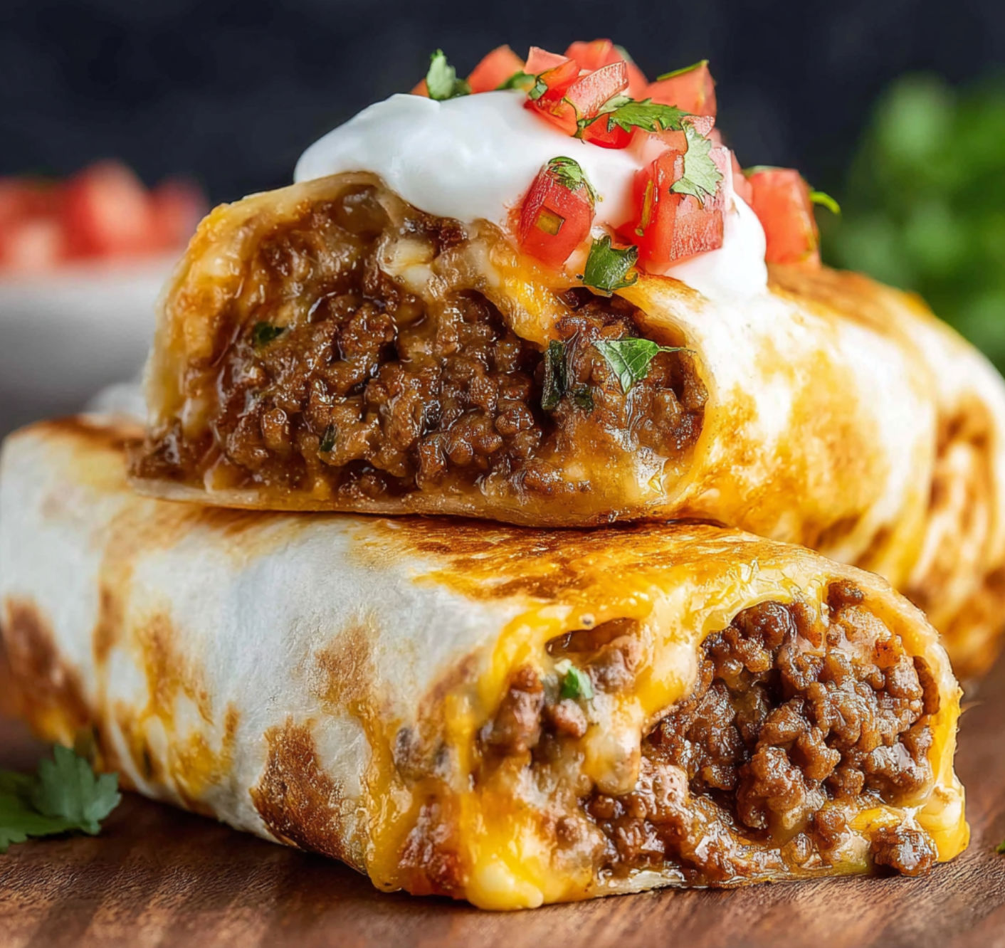 A delicious beef Meximelt cheesy taco is served on a wooden table.