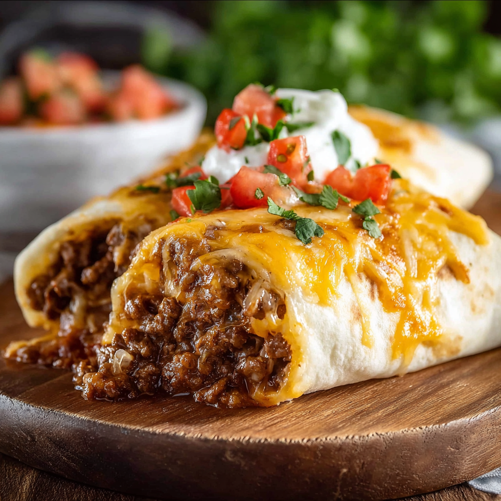 A delicious chicken enchilada is served on a wooden platter, topped with tomatoes and cheese.