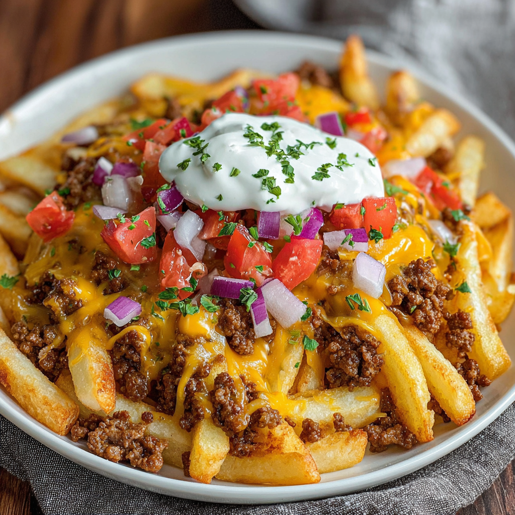 A plate of Loaded Cheese Fries Beef, topped with tomatoes and onions, is served on a dining table.