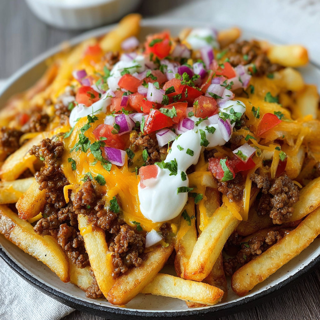 A plate of loaded cheese fries with beef toppings.