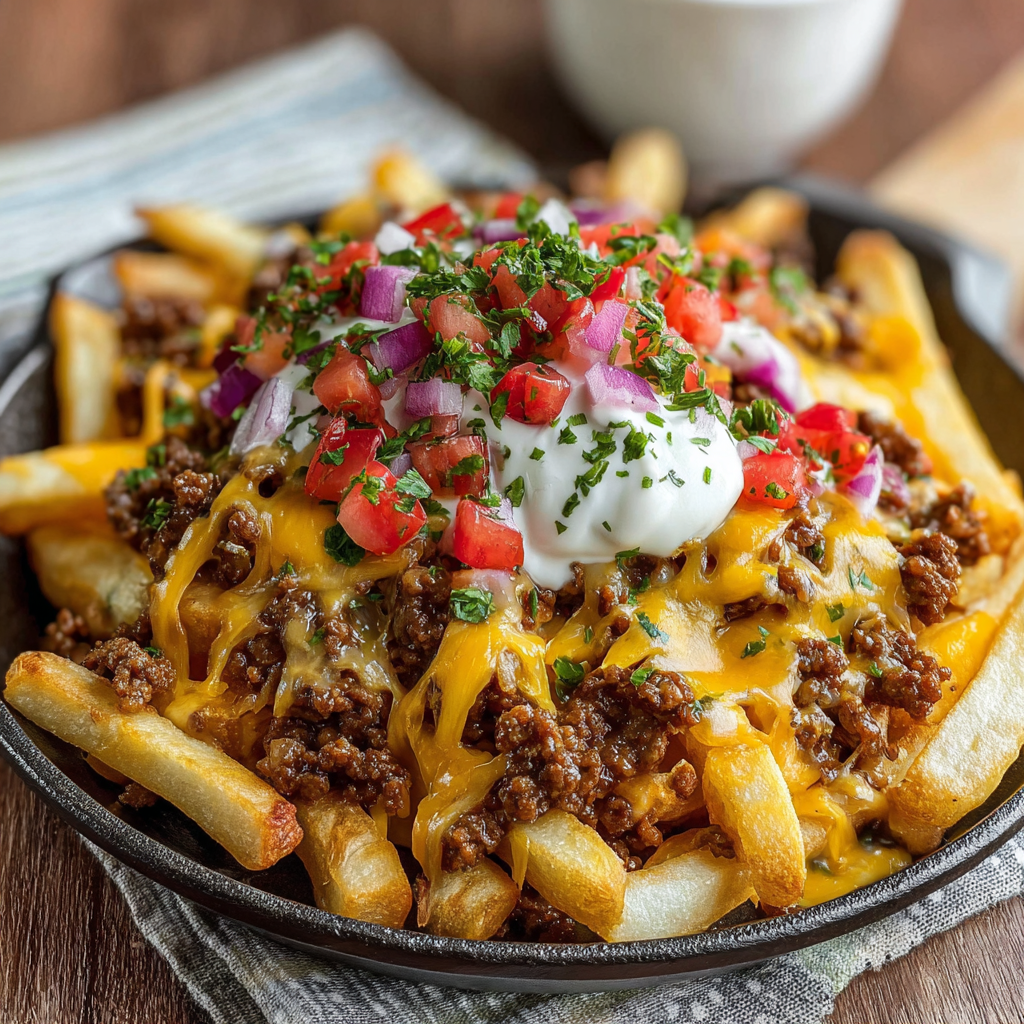 A delicious meal of Loaded Cheese Fries Beef is served in a bowl.