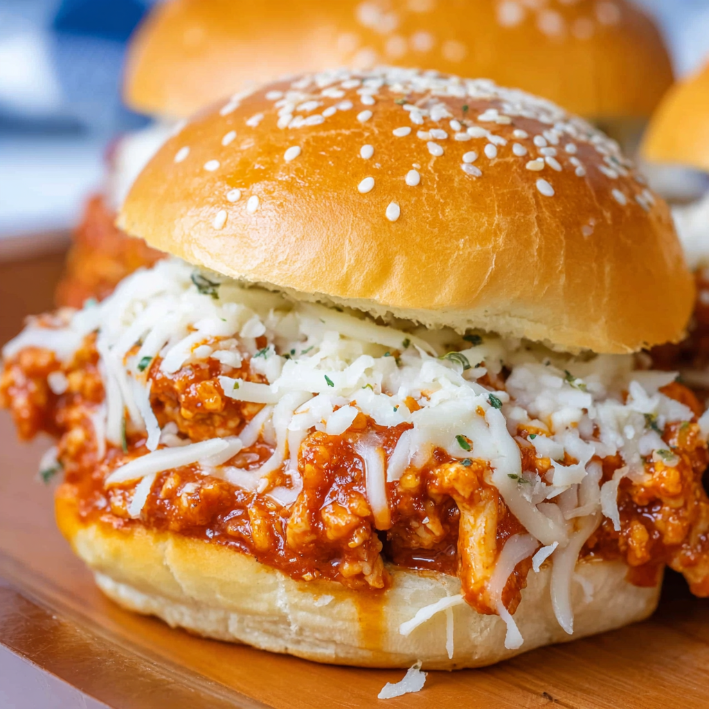 A delicious Chicken Parmesan Sloppy Joes sandwich with melted cheese and tomato sauce.
