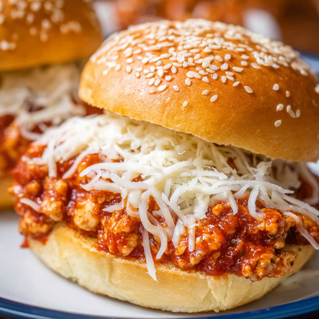 A close up of a meatball sandwich with cheese and sauce, served on a plate.