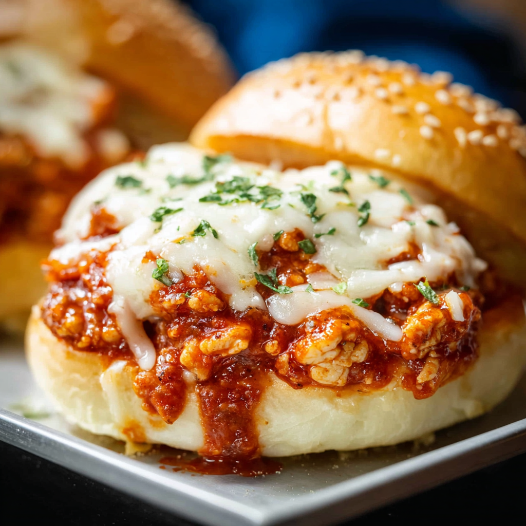 A delicious chicken sandwich with cheese and tomato sauce on a bun.