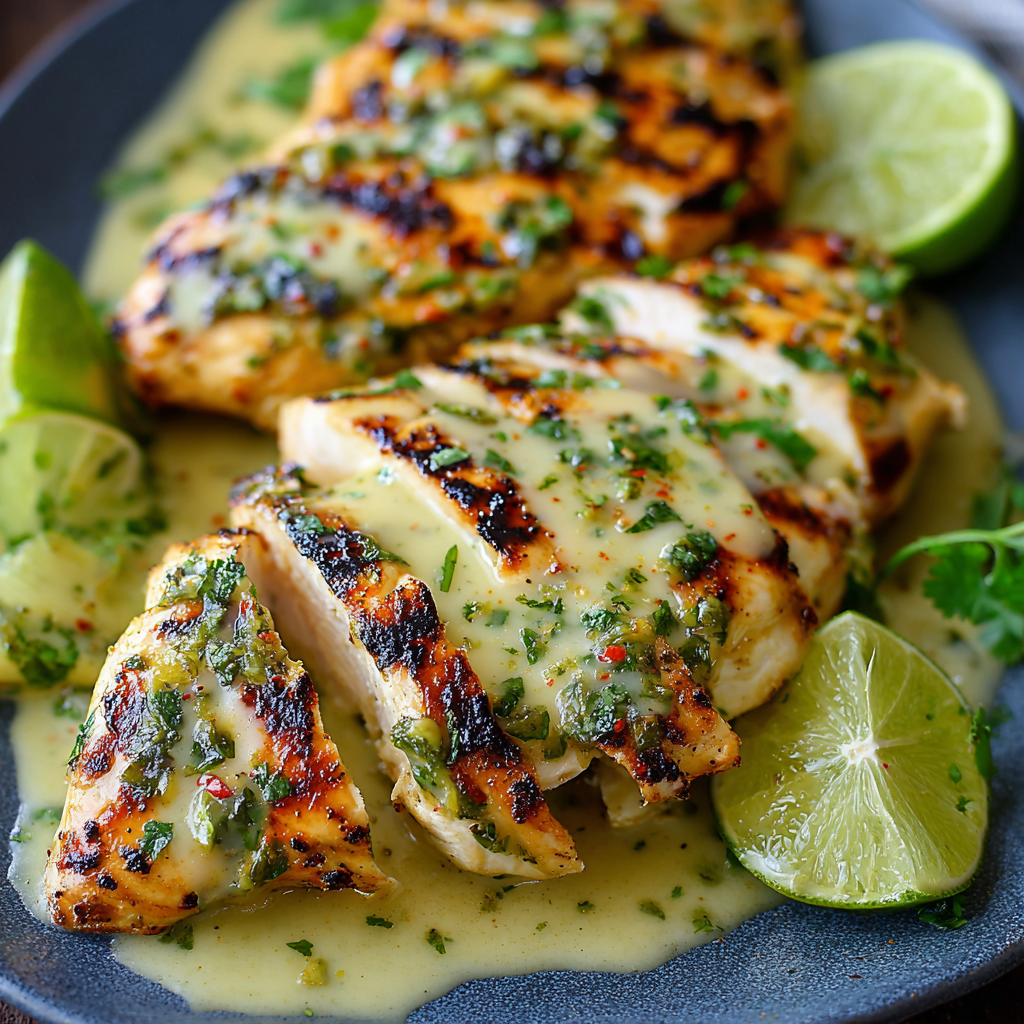 A plate of grilled salsa verde pepper jack chicken with limes and herbs.
