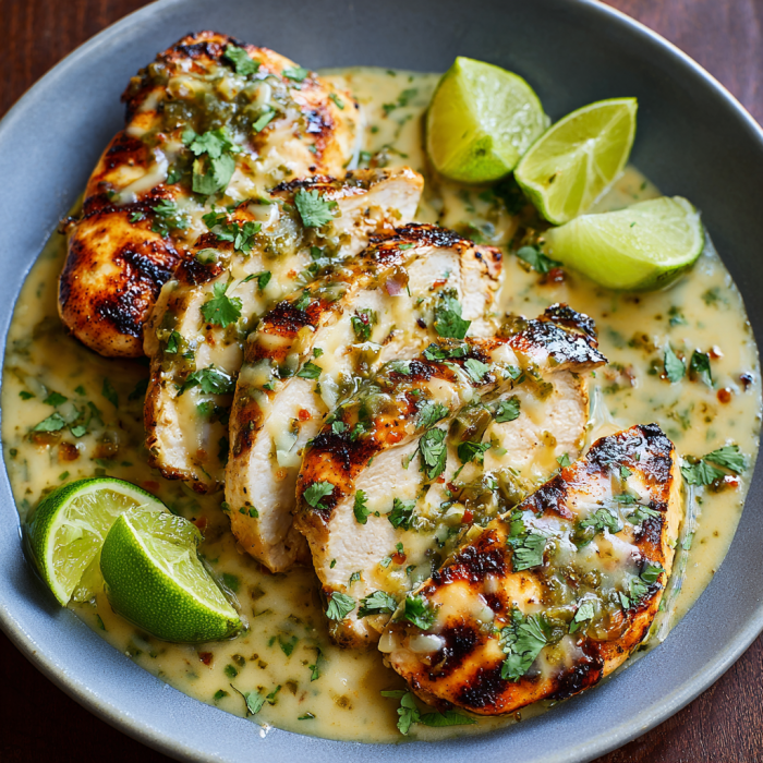A plate of chicken with a spicy sauce and lime wedges.